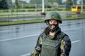 August 30 2020 Minsk Belarus A soldier in uniform stands in Minsk