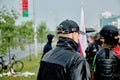 August 30 2020 Minsk Belarus A group of people wrapped in flags walk down the street