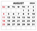 2024 August month calendar Color vector illustrator calendar design.