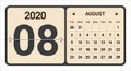 August 2020 monthly calendar vector illustration