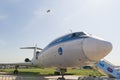 30 AUGUST 2019 MOSCOW, RUSSIA: An outdoors airplane exposition - Russian Aerospace Forces - A TU-55 airplane - front