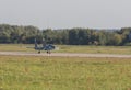 29 AUGUST 2019 MOSCOW, RUSSIA: Reactive fighter jet is gaining speed on the runway and getting ready to take off