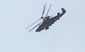 29 AUGUST 2019 MOSCOW, RUSSIA: Russian Air Force - A military helicopter with two pair of blades flying in the sky -