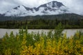 August 25, 2016 - Mountain, river and clouds view in Autumn, off Richardson Highway, Route 4, North of Paxon, Alaska Royalty Free Stock Photo