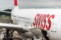 August 18, 2017: Narita International Airport, Tokyo, Japan-Swiss jetliner being loaded