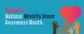 August is National Minority Donor Awareness Month. Raising awareness of the importance of organ donation. Vector poster banner Royalty Free Stock Photo