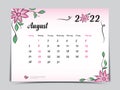 Calendar 2022 template with pink flowers background, August 2022 template, Monthly calendar with flora natural patterns, Desk cale
