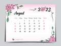 Calendar 2023 template on pink flowers background, August 2023 template, Monthly calendar planner artwork, Desk calendar 2023