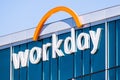 August 25, 2019 Pleasanton / CA / USA - Close up of Workday sign at their headquarters; Workday, Inc. is an onÃ¢â¬âdemand cloud- Royalty Free Stock Photo