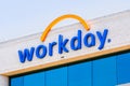 August 25, 2019 Pleasanton / CA / USA - Close up of Workday sign at their headquarters; Workday, Inc. is an onÃ¢â¬âdemand cloud- Royalty Free Stock Photo