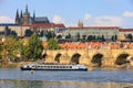 August 27, 2022 Prague, Czech Republic. Pleasure boat on the Vltava river. Background with selective focus