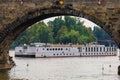 August 25, 2022 Prague, Czech Republic. Pleasure boat on the Vltava river. Background with selective focus