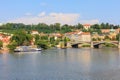 August 27, 2022 Prague, Czech Republic. Pleasure boat on the Vltava river. Background with selective focus