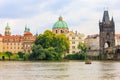 August 25, 2022 Prague, Czech Republic. Pleasure boat on the Vltava river. Background with selective focus