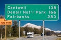 AUGUST 31, 2016 - Road Sign to Cantwell, Denali National Park and Fairbanks, Alaska Royalty Free Stock Photo