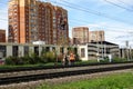 August 16, 2019 Russia, Podolsk. - Railway workers repair wires on the railway