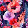 August birth flowers, birth month flowers. Seamless floral pattern of Gladiolus and Poppy.