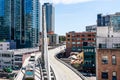 August 21, 2019 San Francisco / CA / USA - Buses driving out of the Salesforce Transit Center on a suspension bridge, SOMA