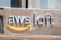 August 21, 2019 San Francisco / CA / USA - Close up of AWS Loft sign at their offices in SOMA district; Amazon Web Services is a