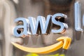 August 21, 2019 San Francisco / CA / USA - Close up of AWS sign at their offices in SOMA district; Amazon Web Services AWS is a Royalty Free Stock Photo