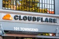 August 21, 2019 San Francisco / CA / USA - Close up of Cloudflare logo at the Company`s headquarters; Cloudflare, Inc. is an