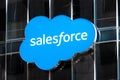 August 21, 2019 San Francisco / CA / USA - Close up of Salesforce logo displayed on one of their towers in downtown San Francisco Royalty Free Stock Photo