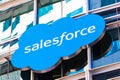 August 21, 2019 San Francisco / CA / USA - Close up of Salesforce logo displayed on Salesforce tower in downtown San Francisco