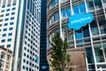 August 21, 2019 San Francisco / CA / USA - Salesforce logo displayed on the facade of Salesforce tower, the new corporate