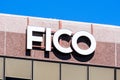 August 26, 2019 San Jose / CA / USA - Close up of FICO sign at their HQ in Silicon Valley; FICO, originally Fair, Isaac and