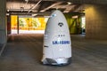 August 1, 2019 San Jose / CA / USA - Knightscope security robot branded with the Samsung logo patrolling the parking lot of the Royalty Free Stock Photo