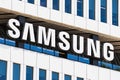 August 1, 2019 San Jose / CA / USA - Samsung Sign displayed on the facade of the modern HQ of Samsung Electronics Device Solutions