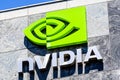 August 9, 2019 Santa Clara / CA / USA - The NVIDIA logo and symbol displayed on the facade of one of their office buildings