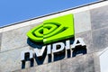 August 9, 2019 Santa Clara / CA / USA - The NVIDIA logo and symbol displayed on the facade of one of their office buildings