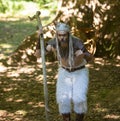 02 August 2019, Satyr character performing outdoor theater for kids `Magic Forest` during a medieval event `Viagem Medieval em Ter