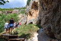 August 25, 2021 Simferopol district, Valley of Red Caves. Republic of Crimea. Hike of the excursion group to the mountains to the Royalty Free Stock Photo