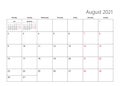 August 2021 simple calendar planner, week starts from Monday