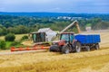 22 August 2021 Skutec, Czech Republic: The combine pours wheat into the grain truck trailer.