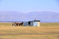 August 23 2023 - Song kol lake, Kyrgyzstan: nomad people live their ordinary life on the summer pasture