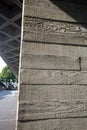 August 2017, Southbank, London, England. Texture on a concrete post at the National Theatre, London betrays how it was formed.