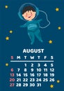 August. Space calendar planner 2023. Weekly scheduling, planets, space objects. Week starts on Sunday. Astronaut