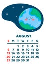 August. Space calendar planner 2023. Weekly scheduling, planets, space objects. Week starts on Sunday. White background