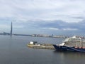 Lakhta center, Gazprom headquarters seen from ship, Europe`s tallest skyscraper