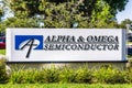 August 1, 2019 Sunnyvale / CA / USA - Alpha & Omega Semiconductor AOS sign displayed in front of their headquarters in Silicon