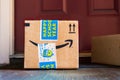 August 20, 2019 Sunnyvale / CA / USA - Amazon Prime delivery box with a Happy School Year sticker delivered at the door