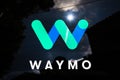 August 29, 2019 Sunnyvale / CA / USA - Close up of Waymo logo on the rear glass on one of their self driving cars, in testing at