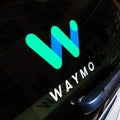 August 29, 2019 Sunnyvale / CA / USA - Close up of Waymo logo on the rear glass on one of their self driving cars, in testing at