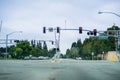 August 3, 2017 Sunnyvale/CA/USA - Railway crossing at a street junction near a residential neighborhood in Silicon Valley Royalty Free Stock Photo