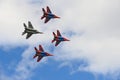 August 16, 2015: Swifts Aerobatic team fly MIG-29 combat aircraft. Cheboksary. Russia