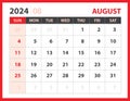 August 2024 template, Calendar 2024 design vector, planner layout, Week starts Sunday, Desk calendar 2024 template, Stationery.