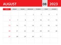 August 2023 template - Calendar 2023 template vector, planner monthly design, Desk calendar 2023, Wall calendar design, Minimal